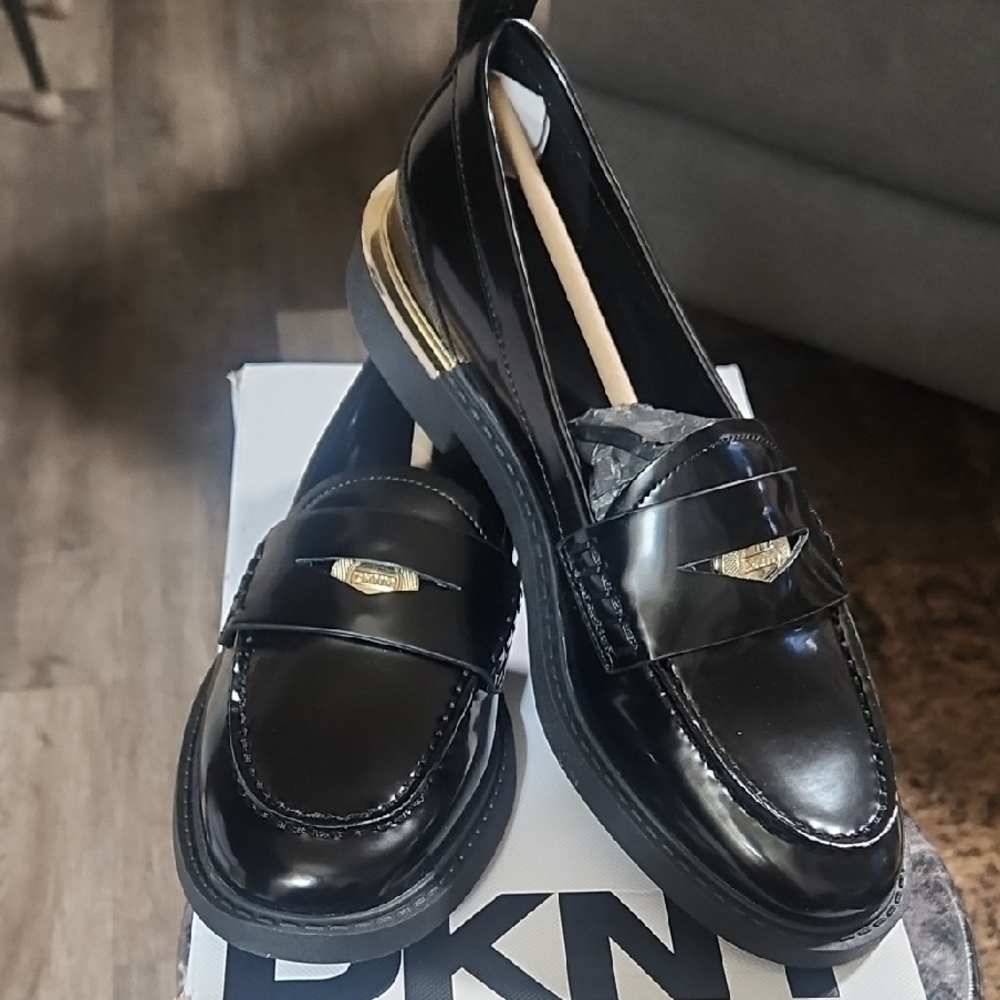 DKNY Black Patent Loafers with Gold Accent Penny Loafer.